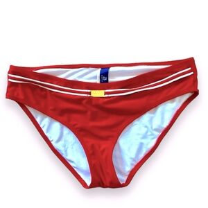Baltex Bikini Bottoms Red w red & white striped belt Gold Emblem Size 14